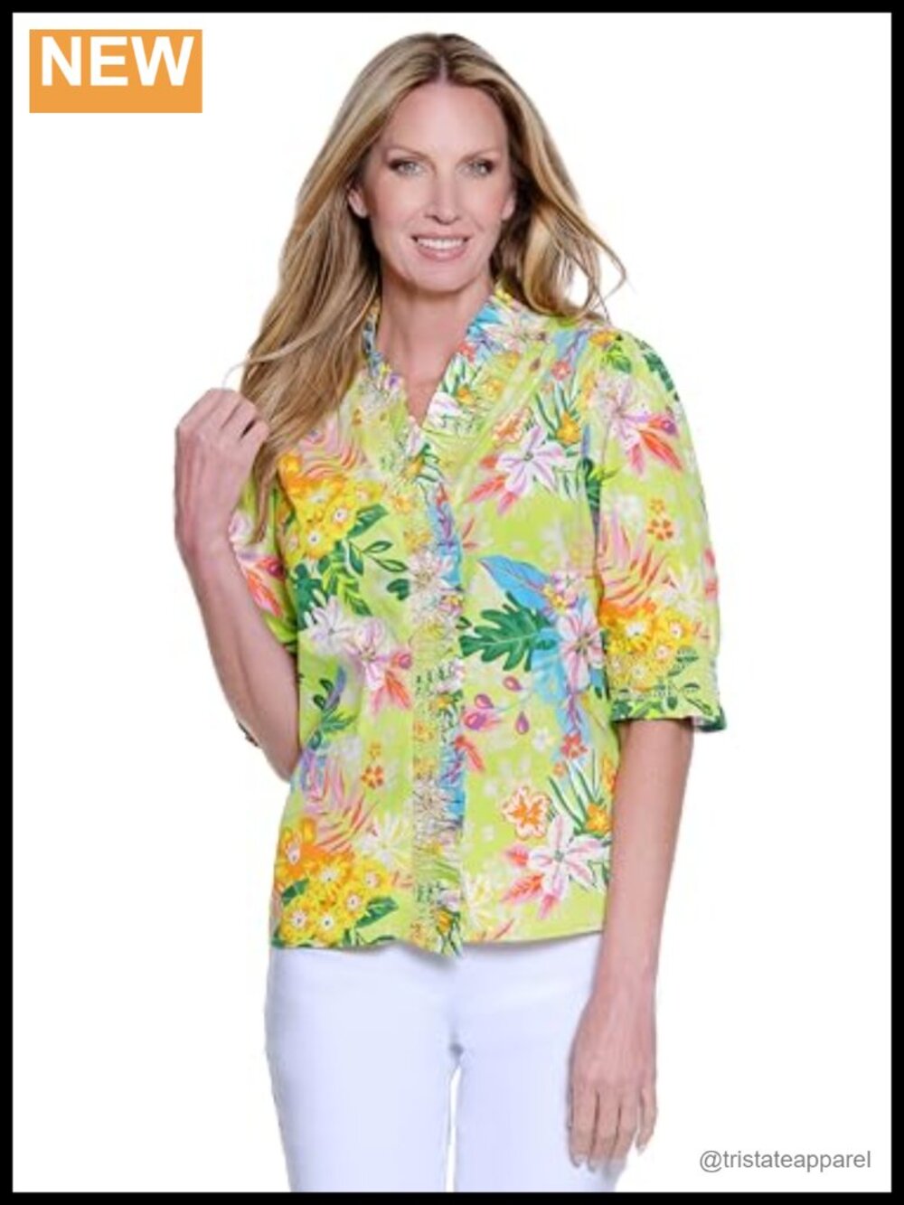 Woven Button Front Ruffle Neckline 3/4 Sleeve Blouse Shirt for Women Cotton